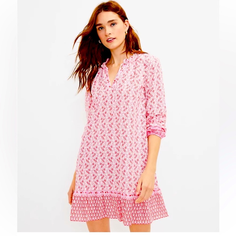 LOFT Floral Print, Pink, Red & White Tie Neck Swing Dress, Ruffle Hem, size M